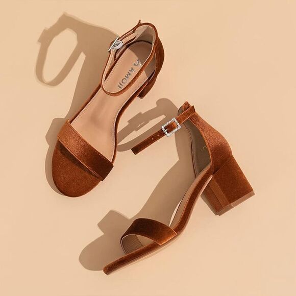 NIB Amoji Brown Velvet Sandals - Picture 4 of 7